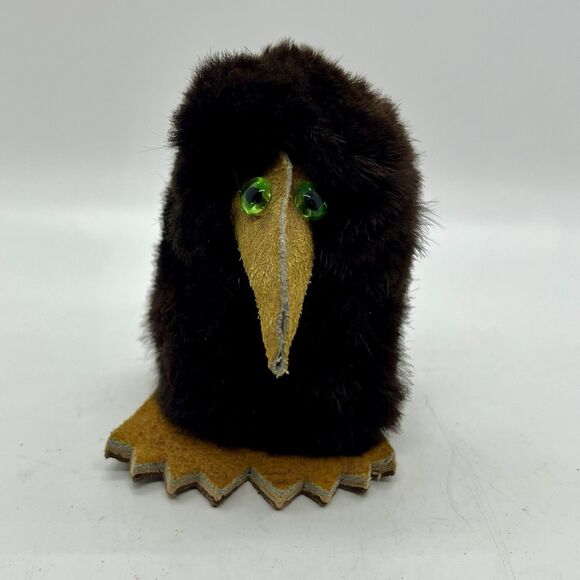 Fur & Leather Bird Animal Made in Poland 3” Vintage Green Eyes - Picture 2 of 6